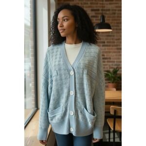 Women's Soft Knit Cardigan Sweater Button Front Relaxed Fit Blue Patch Pockets L